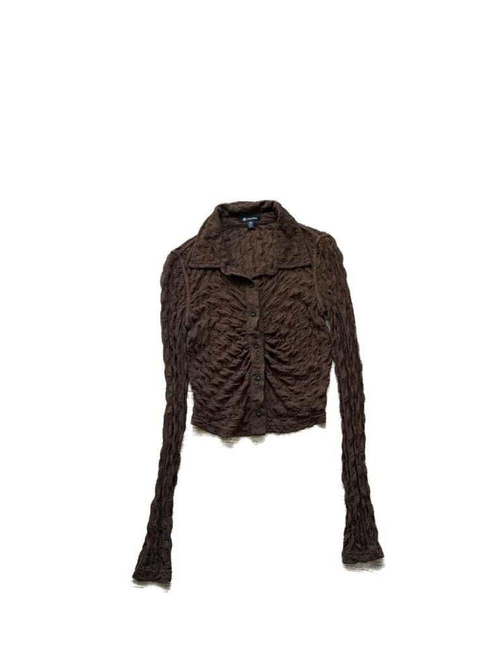 Versona Brown Textured Mesh Long Sleeve Button Up Collared Top